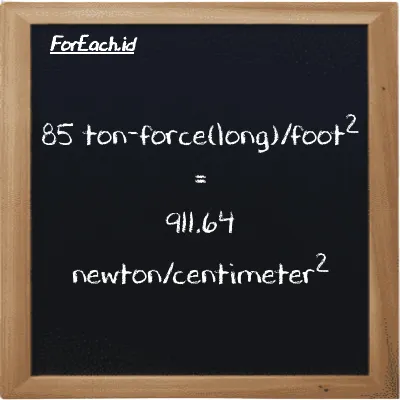 Cara konversi ton-force(long)/kaki<sup>2</sup> ke newton/centimeter<sup>2</sup> (LT f/ft<sup>2</sup> ke N/cm<sup>2</sup>): 85 ton-force(long)/kaki<sup>2</sup> (LT f/ft<sup>2</sup>) setara dengan 85 dikalikan dengan 10.725 newton/centimeter<sup>2</sup> (N/cm<sup>2</sup>)